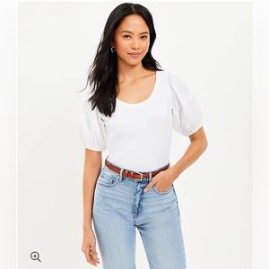 LOFT NWT Puff Sleeve Mixed Media Top -‎ White
